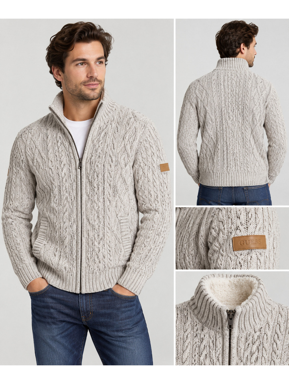 GUESS Men's Cable Knit Sherpa Full Zip Sweater Gray M Wool Blend